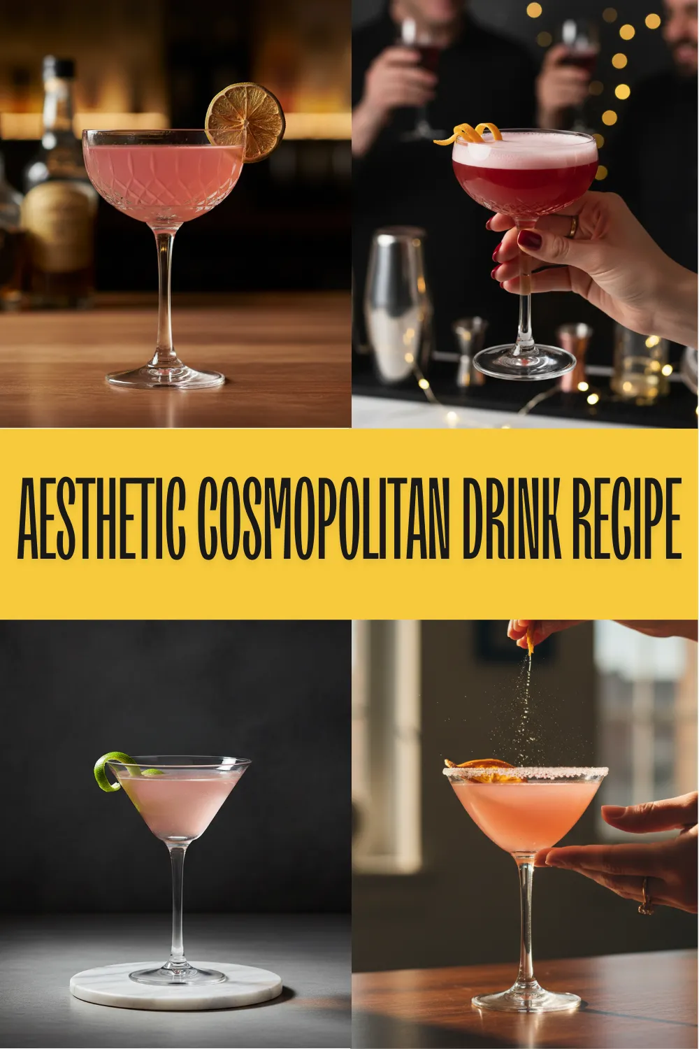 A vibrant pink non-alcoholic cosmopolitan drink in a chilled martini glass with an orange twist garnish.