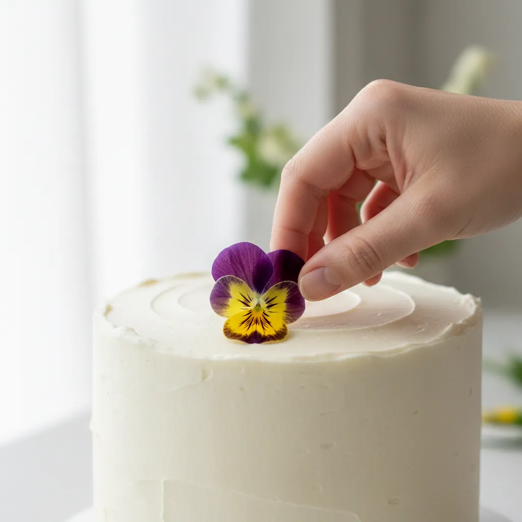 Hand pressing fresh purple pansy onto white frosted cake for simple decoration