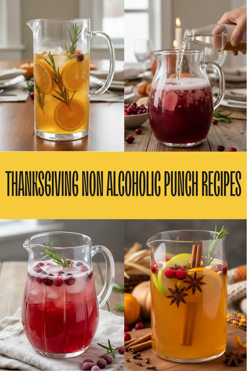 A crystal bowl of festive cranberry ginger non-alcoholic punch on a Thanksgiving table.