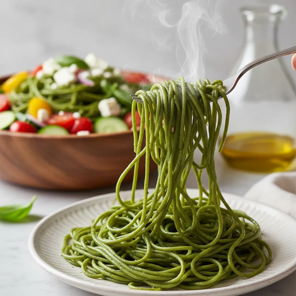 Green edamame pasta noodles on a fork