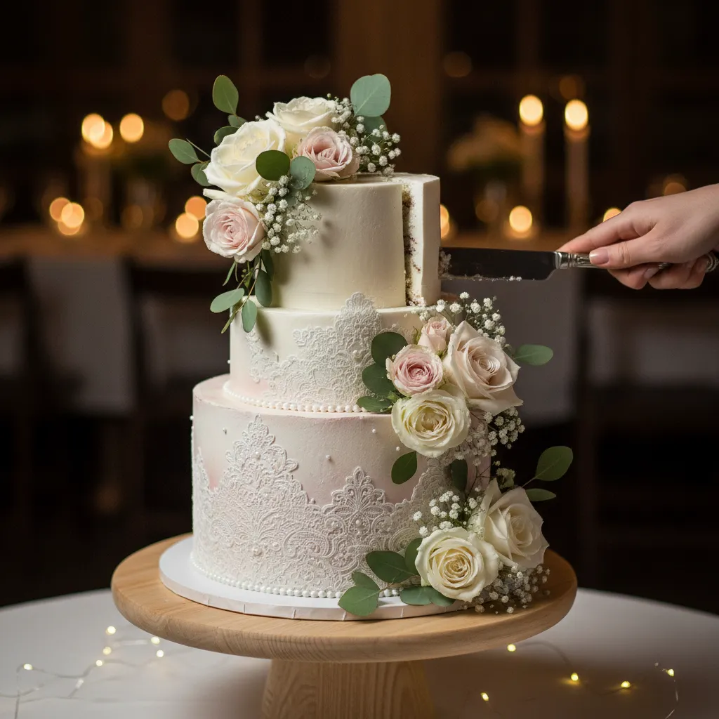 Small wedding cake utilizing a decorated faux tier for elegant height