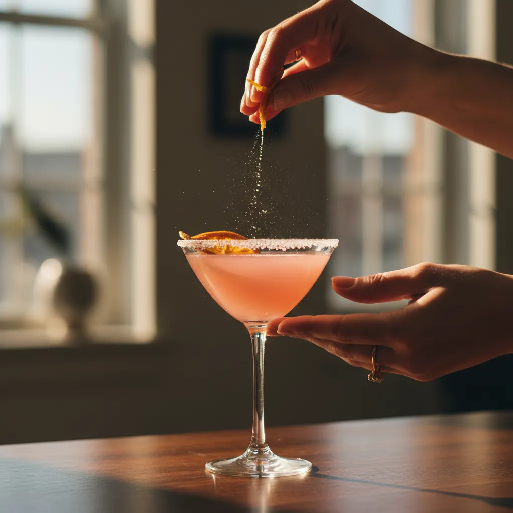 Hands twisting orange peel to release oils over a drink