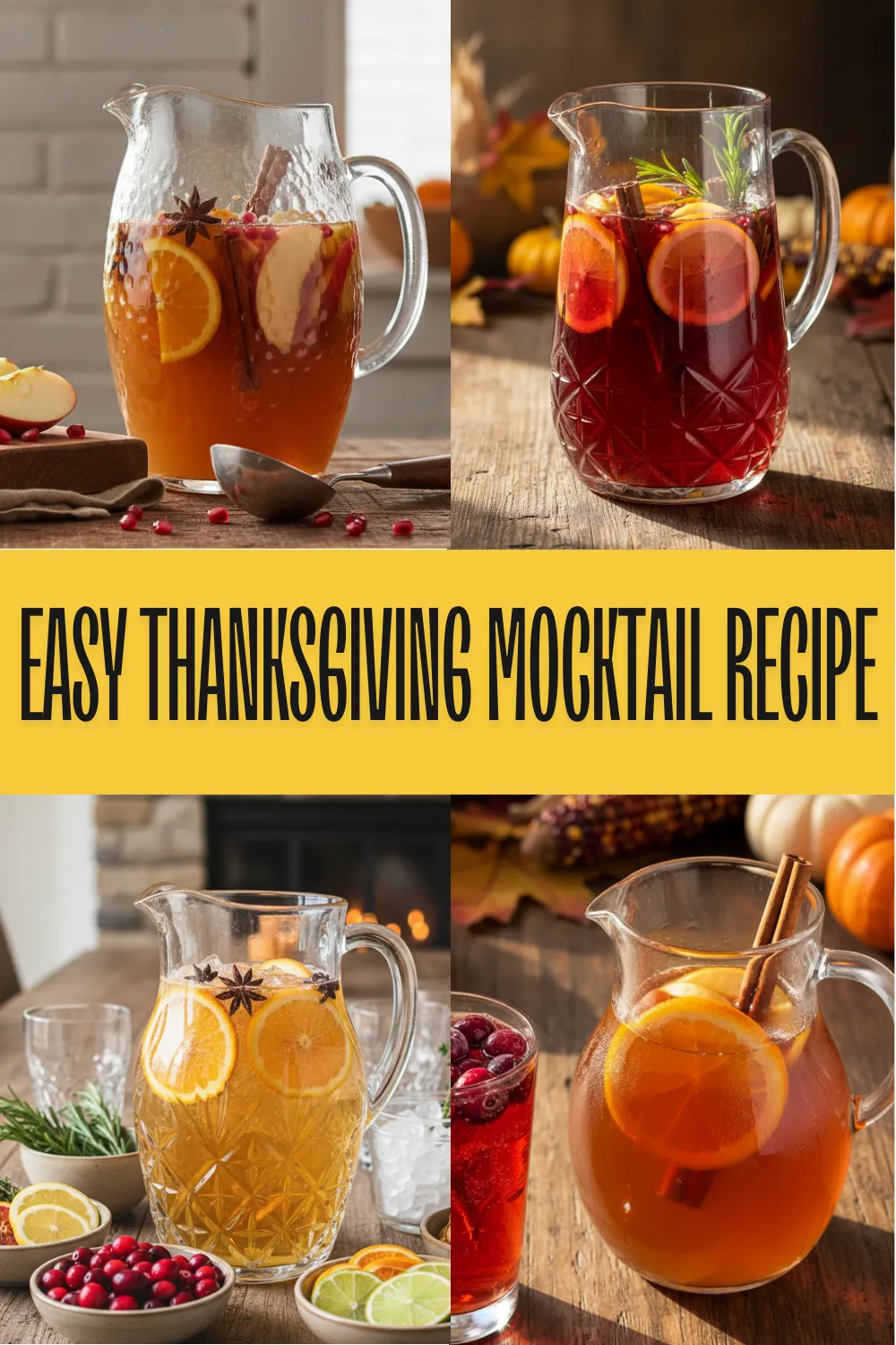 Two elegant Thanksgiving mocktails with cranberry, rosemary, and apple cider on a rustic table.