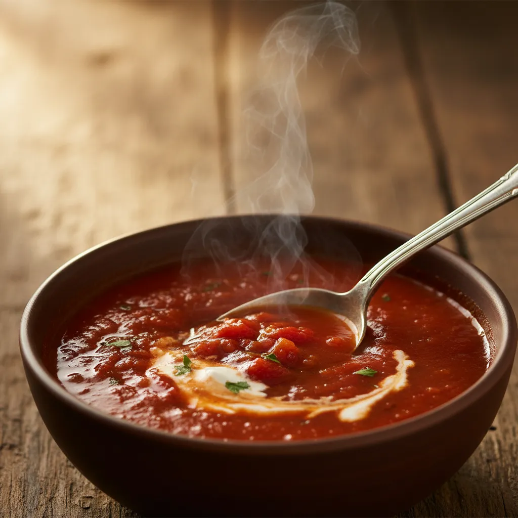A bowl of rich red tomato soup being stirred with a spoon