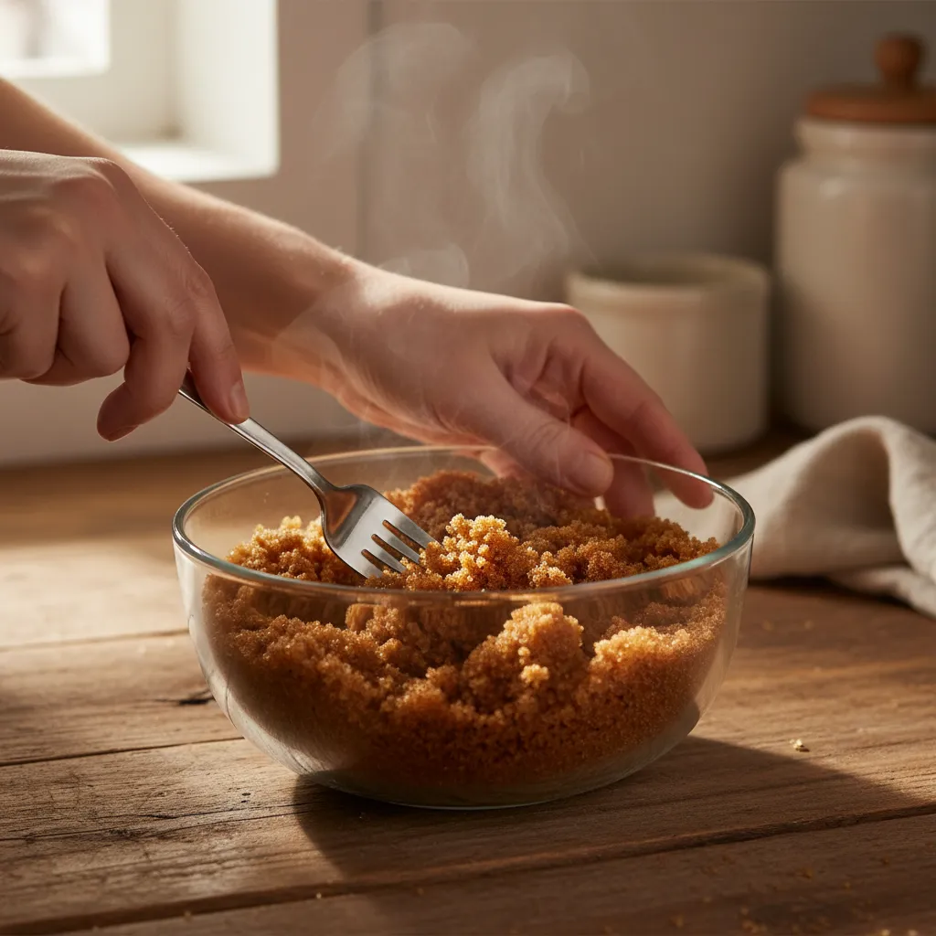 Using a fork to fluff softened brown sugar in a glass bowl