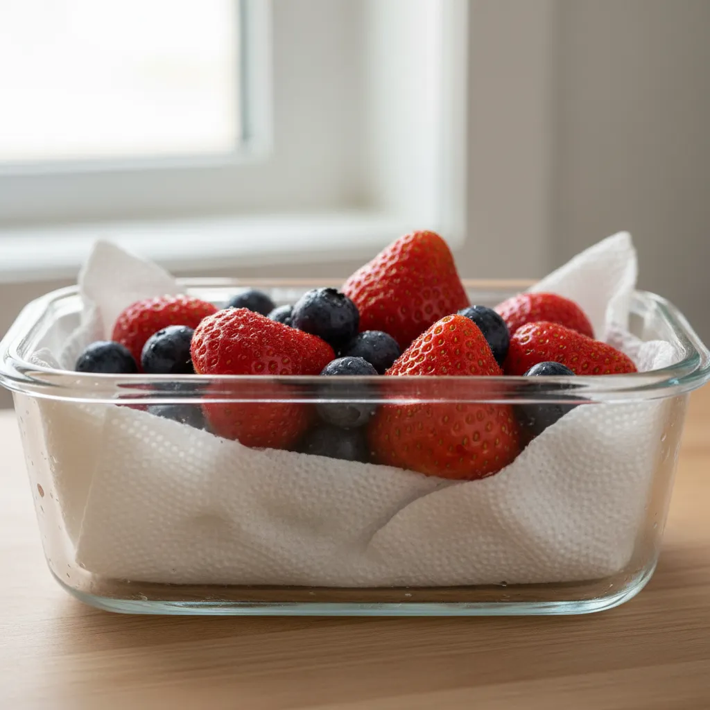 Fresh strawberries and blueberries stored in a glass container with a paper towel
