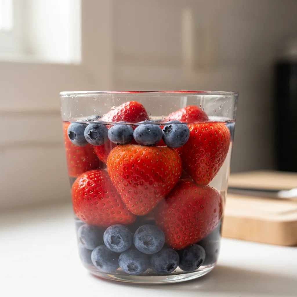 Strawberries and blueberries soaking in a glass bowl of vinegar and water to prevent mold