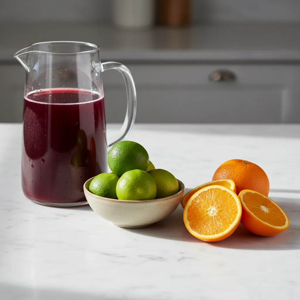 Fresh cranberry juice limes and oranges arranged on a marble counter for a cosmopolitan mocktail