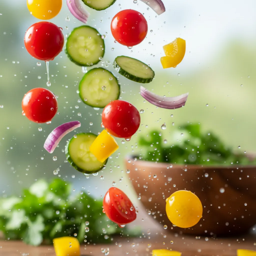 Fresh diced vegetables including peppers and cucumbers for pasta salad crunch