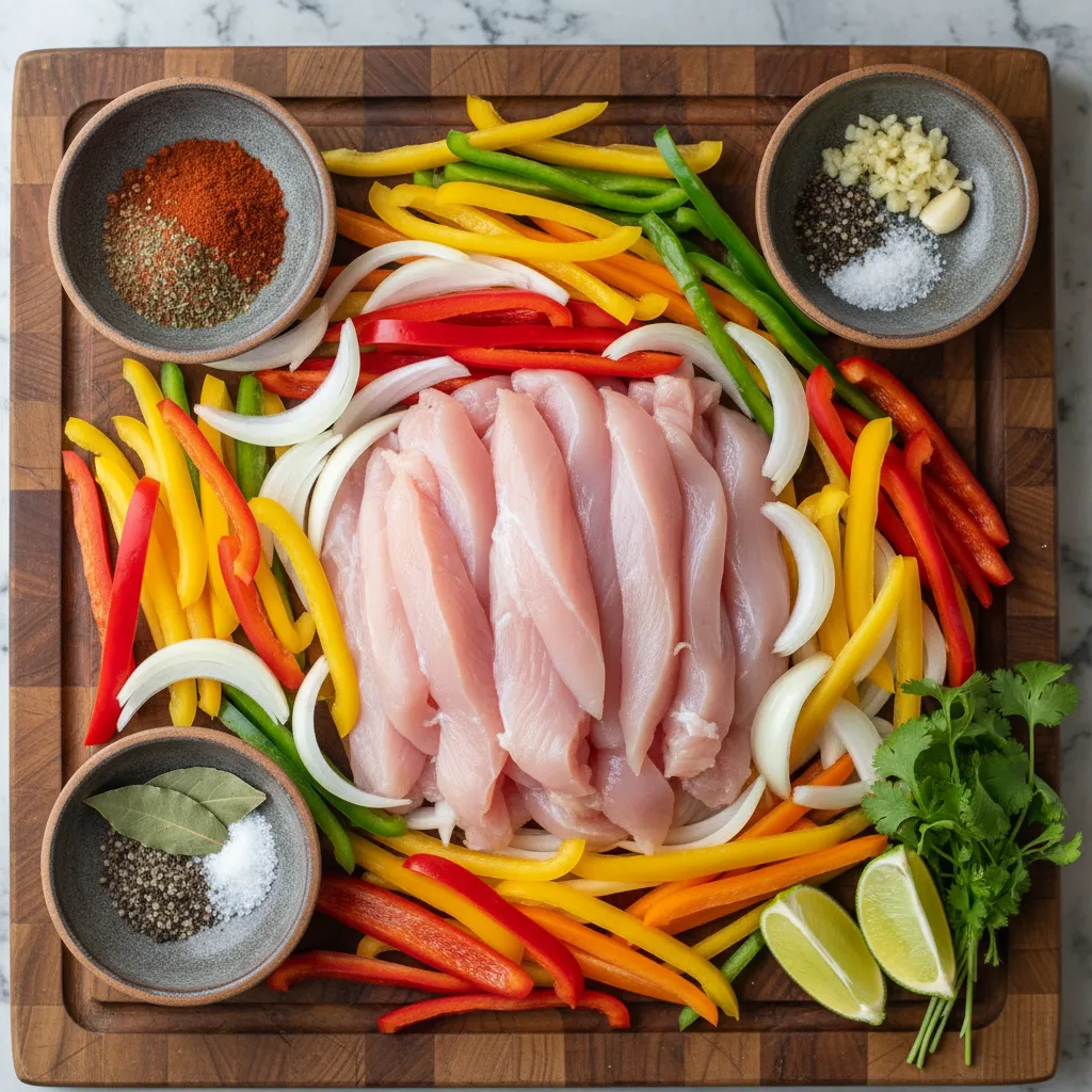 Raw sliced chicken and bell peppers prepared for fajitas