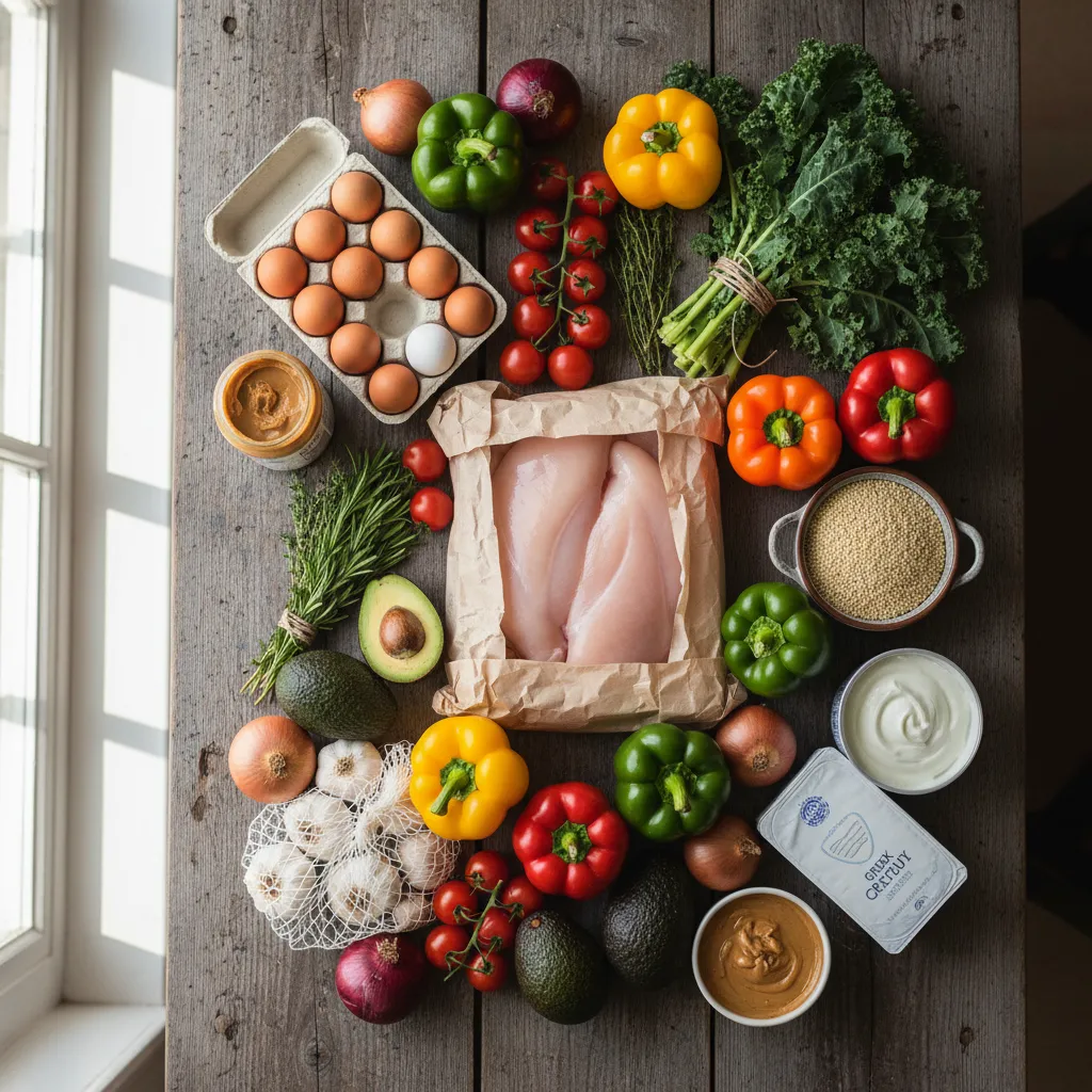 Fresh healthy groceries on a wooden table for meal prep