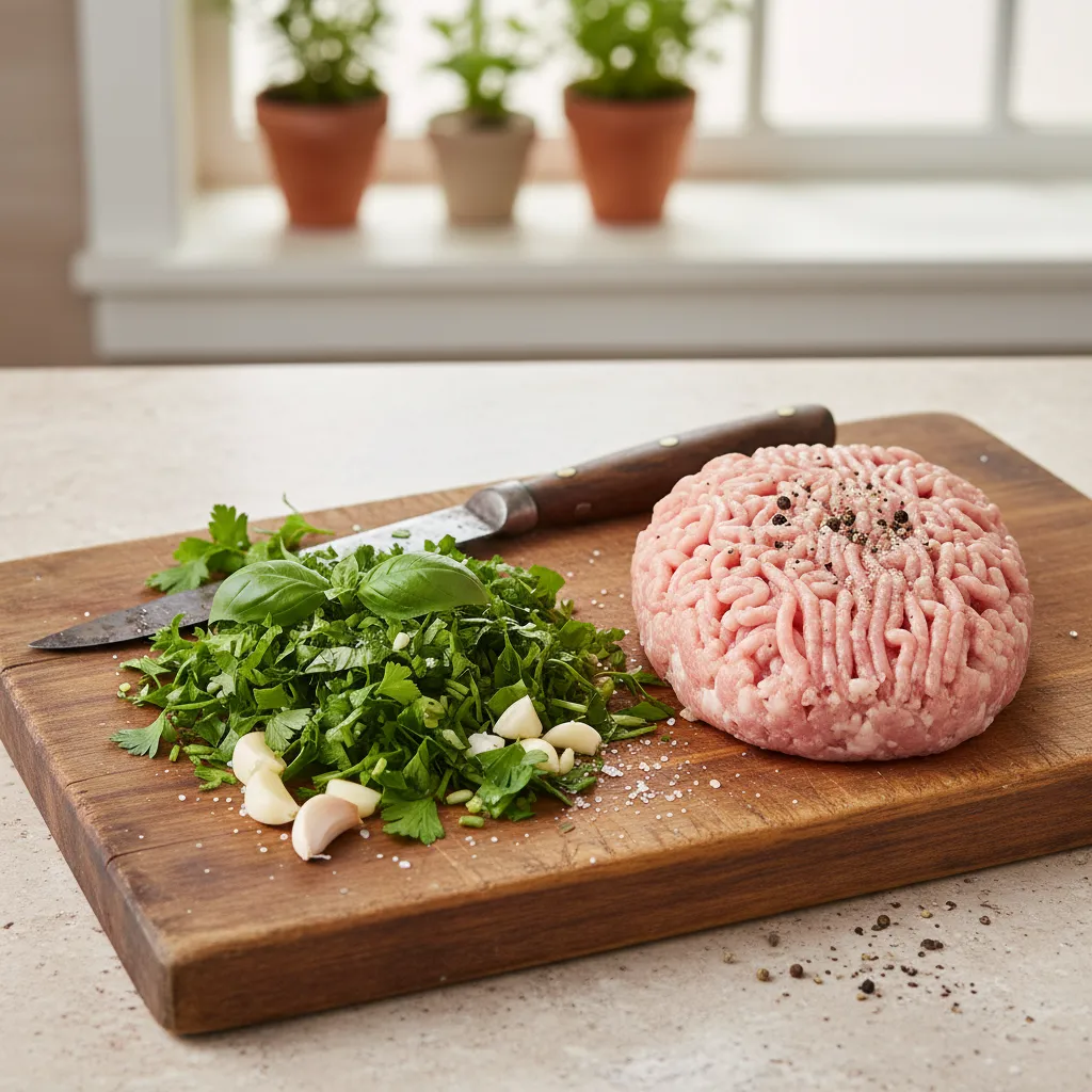 Freshly chopped herbs and garlic on a wooden board
