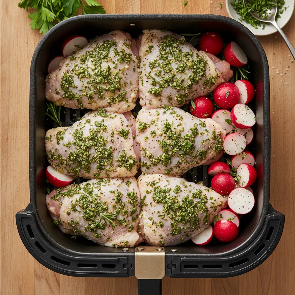Raw chicken thighs with herbs and halved radishes on a wooden board