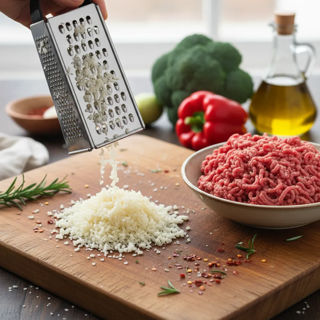 Fresh cauliflower rice and lean ground beef for dinner prep