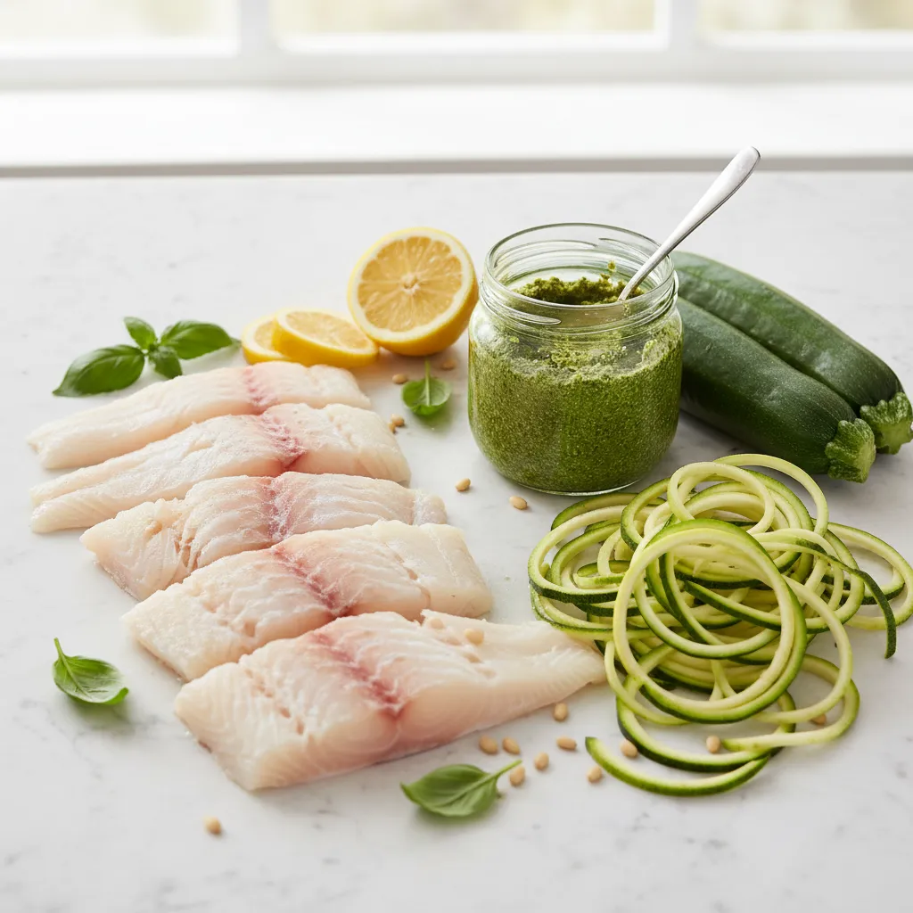 Raw cod fillets, fresh zucchini, and a jar of basil pesto on a marble kitchen counter