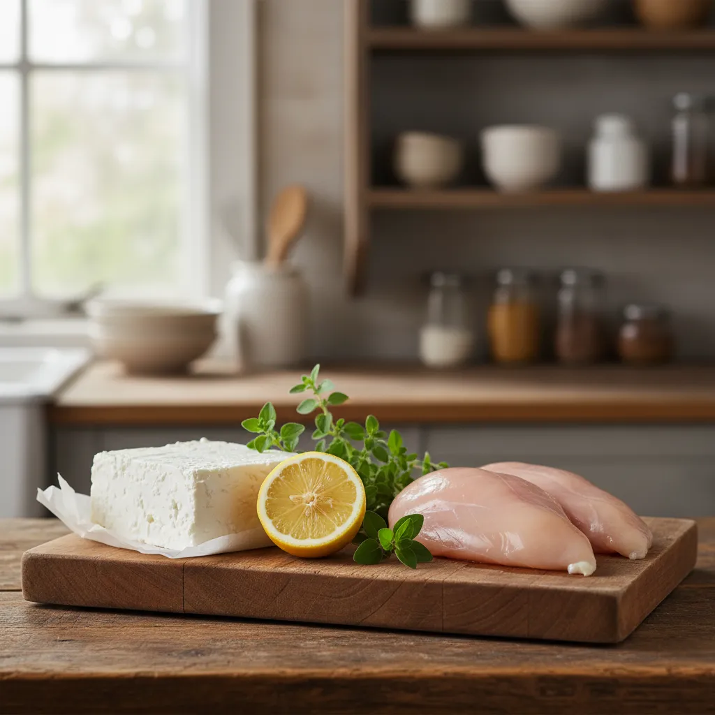 Fresh ingredients including feta lemon and oregano on a cutting board