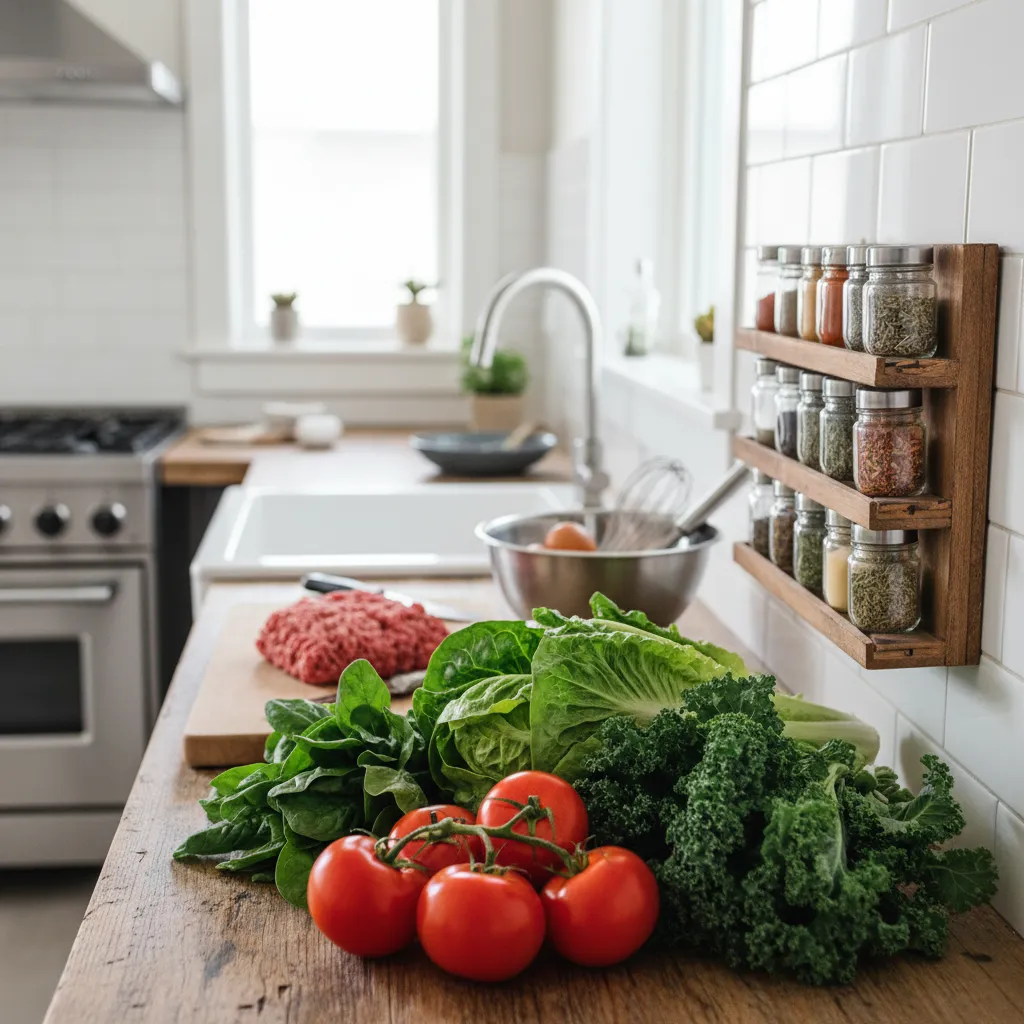 Fresh vegetables and pantry staples arranged on a counter