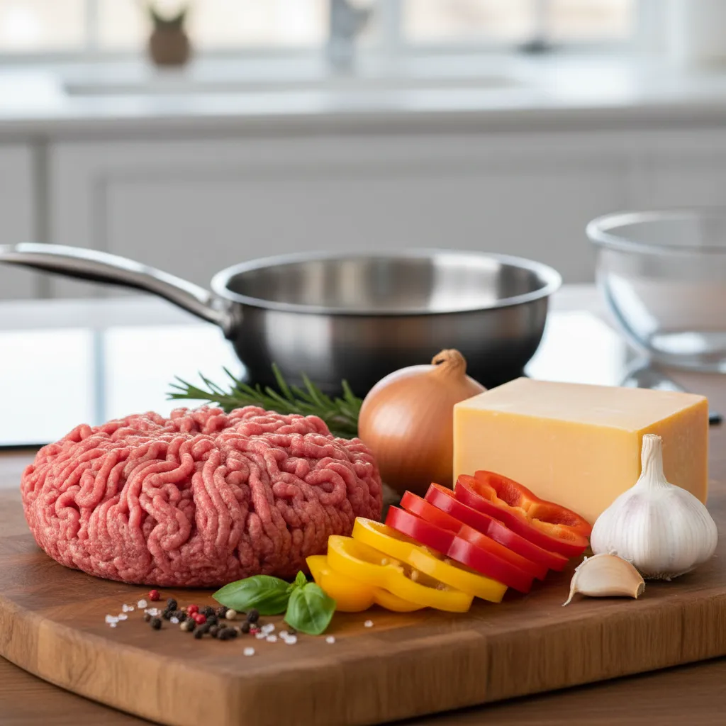 Raw ingredients for keto ground beef skillet prep