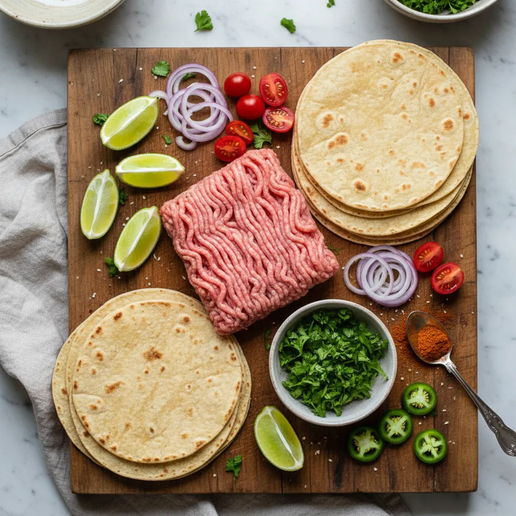 Raw ground chicken, limes, cilantro, and tortillas on a board