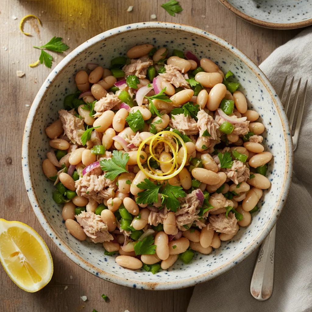 Fresh tuna and white bean salad in a rustic ceramic bowl
