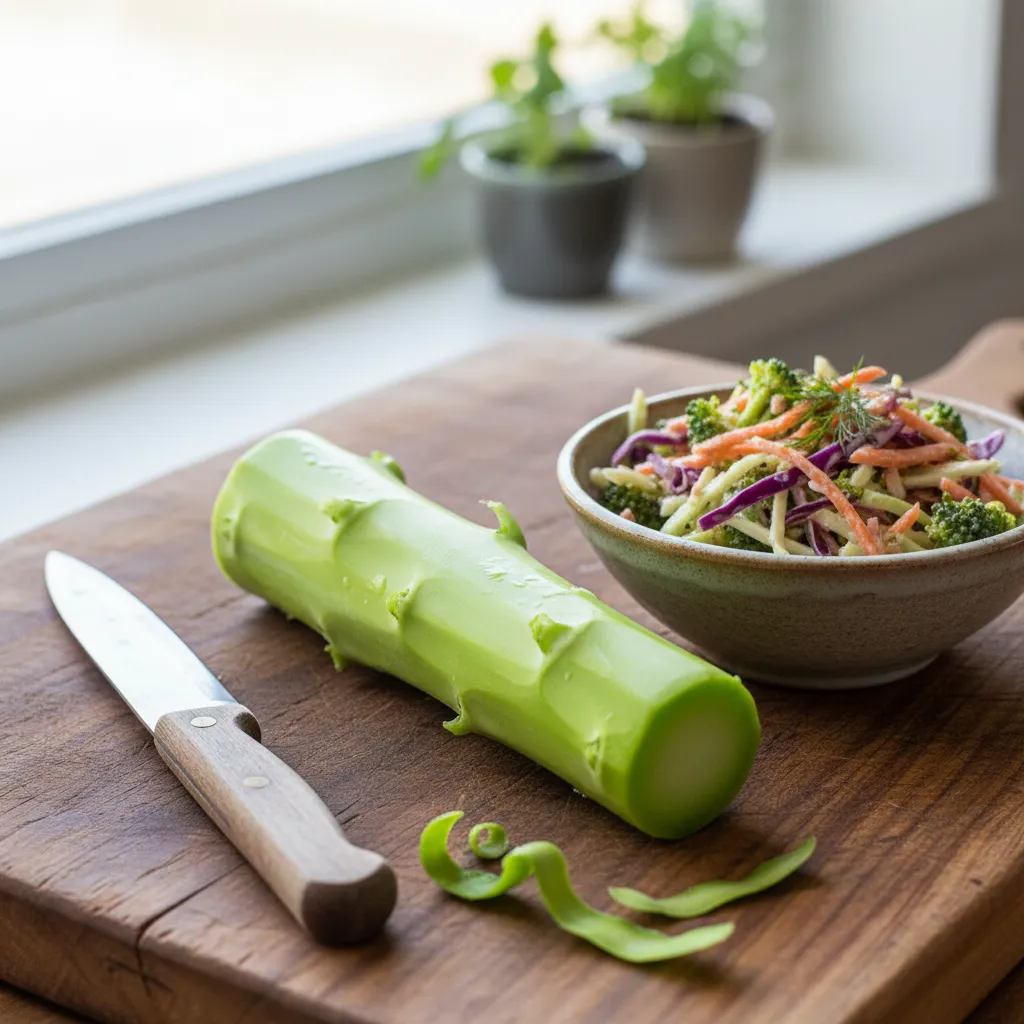 Peeled broccoli stems ready for chopping into slaw on a wooden board