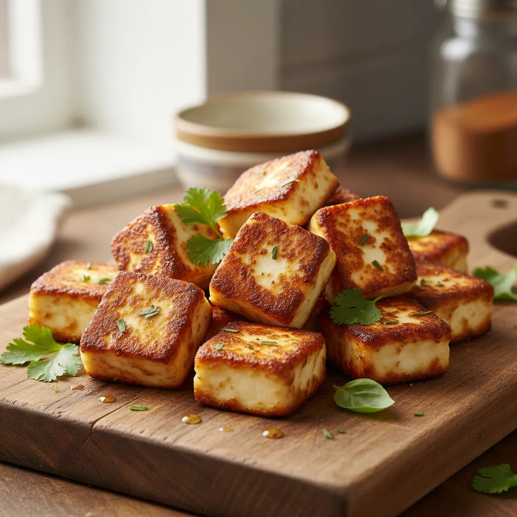 Golden brown pan fried fresh paneer cubes
