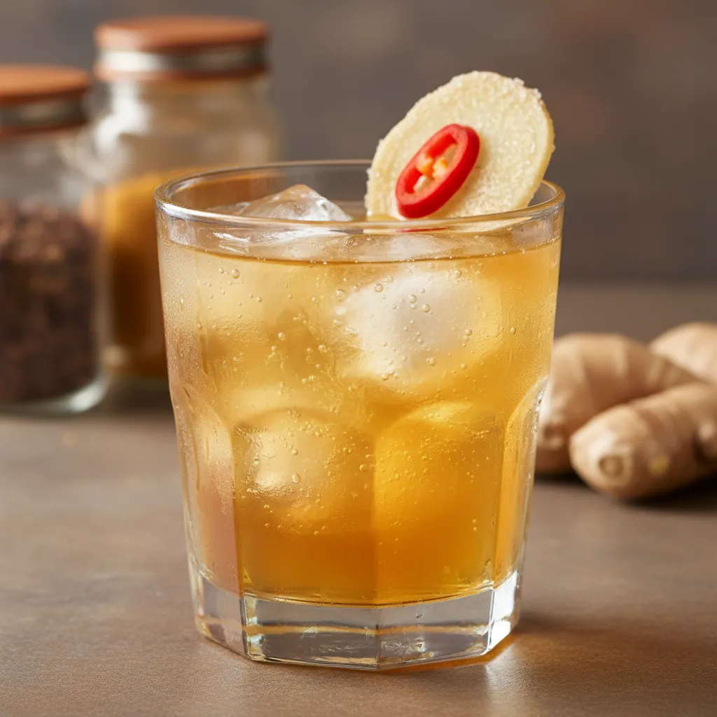 Close up of a ginger chili smash mocktail in a rocks glass with chili garnish