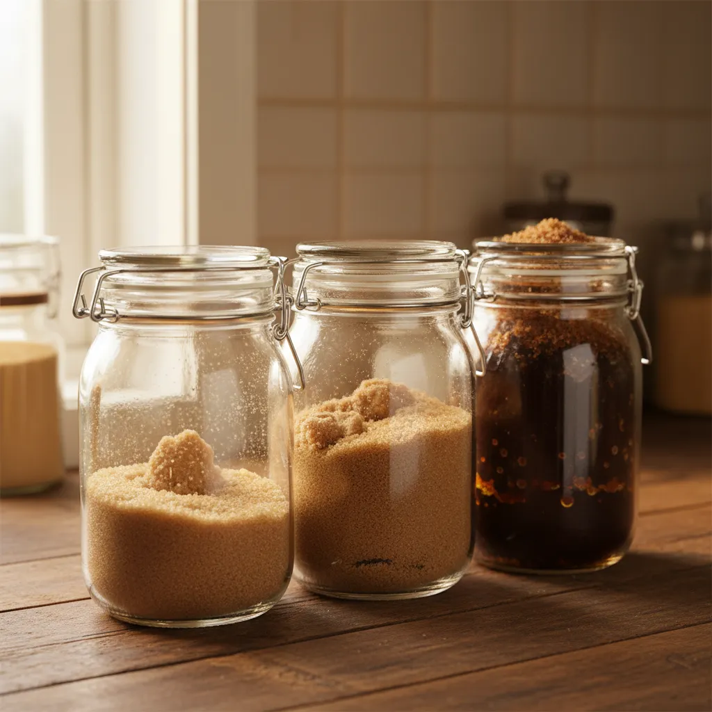 Glass jars with airtight latching lids storing light and dark brown sugar