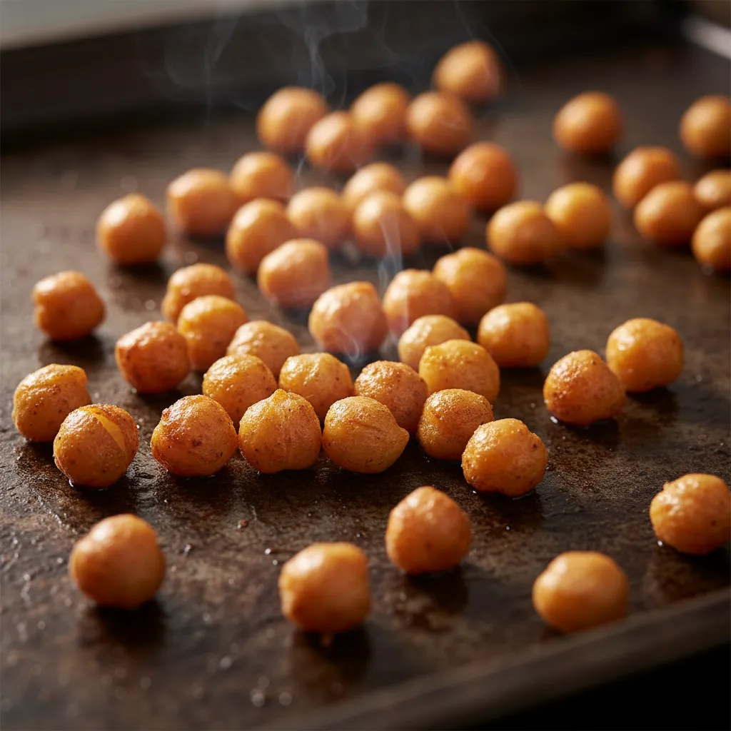 Perfectly golden-brown roasted chickpeas crisping on a metal baking pan