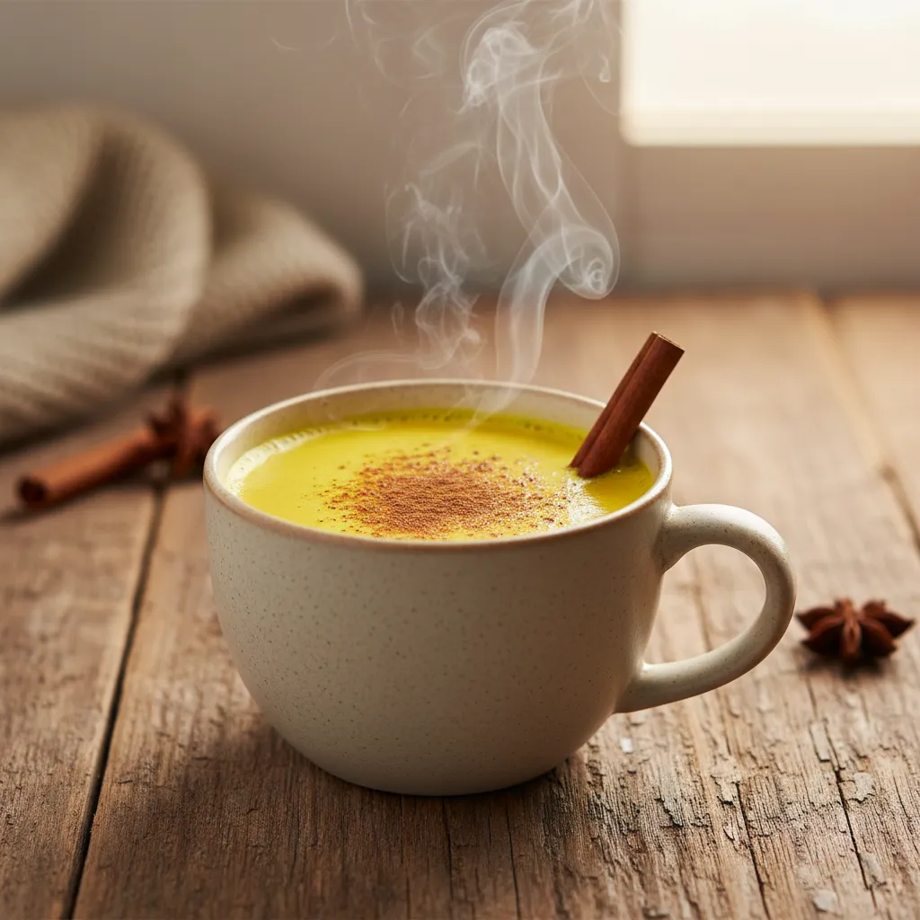Steaming mug of golden turmeric coconut milk with cinnamon stick