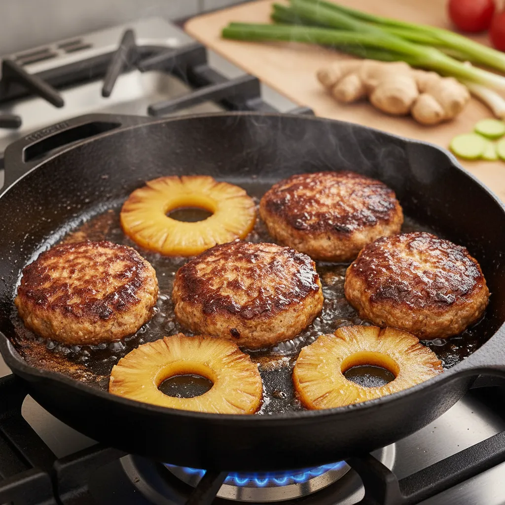 Chicken burger patties and pineapple rings cooking in a skillet