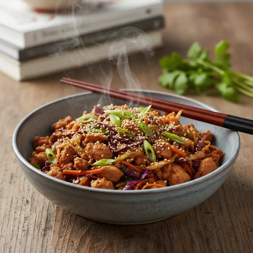 Steaming ground chicken egg roll in a bowl with sesame garnish