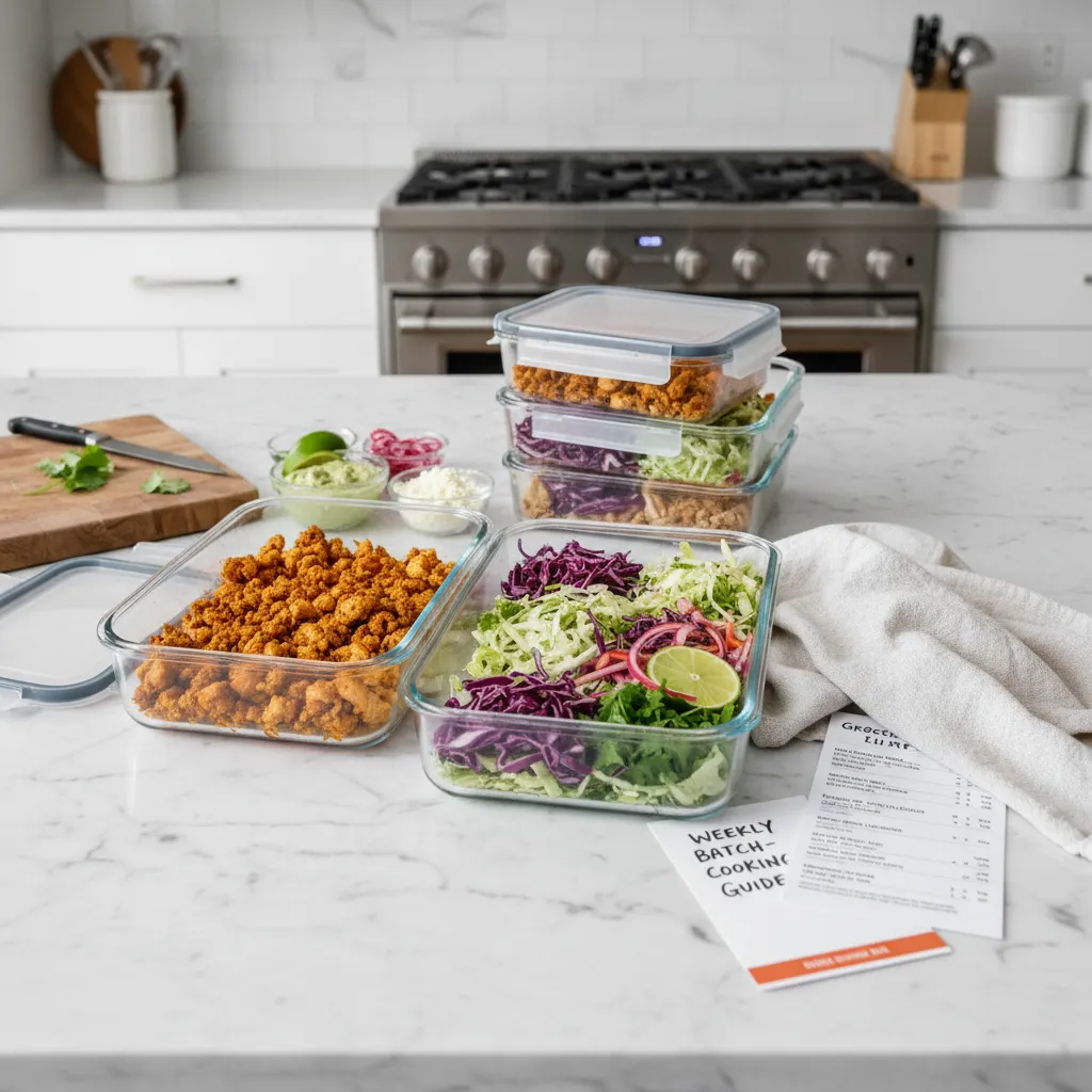 Glass meal prep containers filled with ground chicken and vegetables