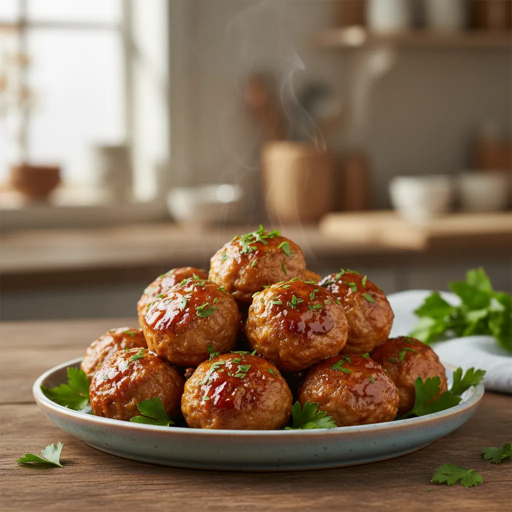 Close up of golden-brown baked ground chicken meatballs garnished with fresh parsley