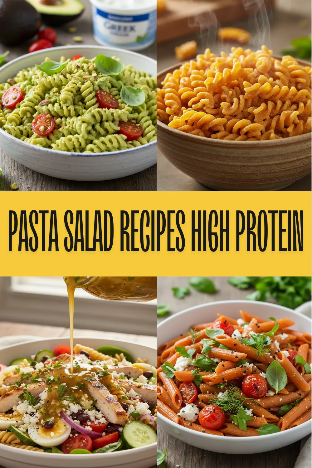 A vibrant bowl of easy healthy high protein pasta salad made with chickpea noodles and fresh vegetables.