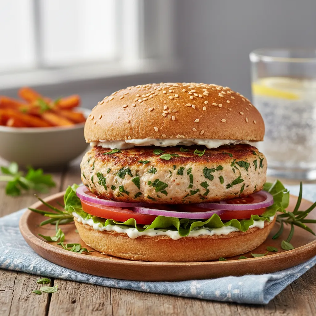 A juicy herb and garlic healthy ground chicken burger served on a toasted bun with fresh greens