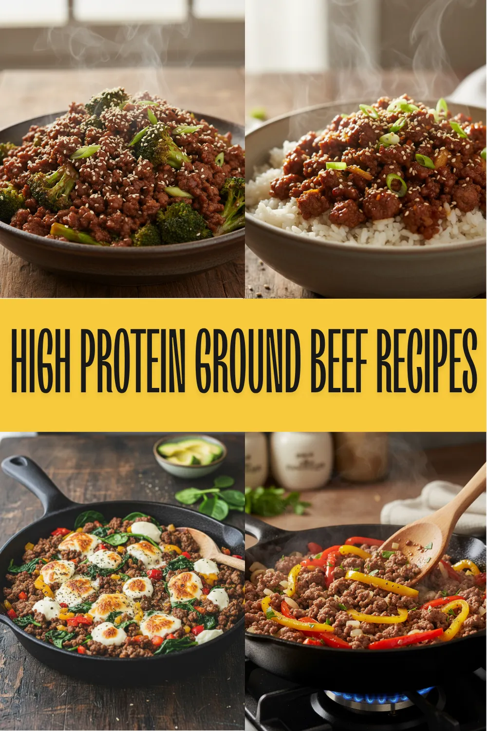 Sizzling high protein ground beef skillet with melted cheese and peppers.