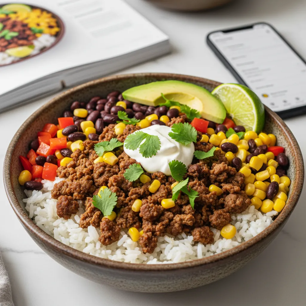 Vibrant high-protein ground beef taco bowl meal prep