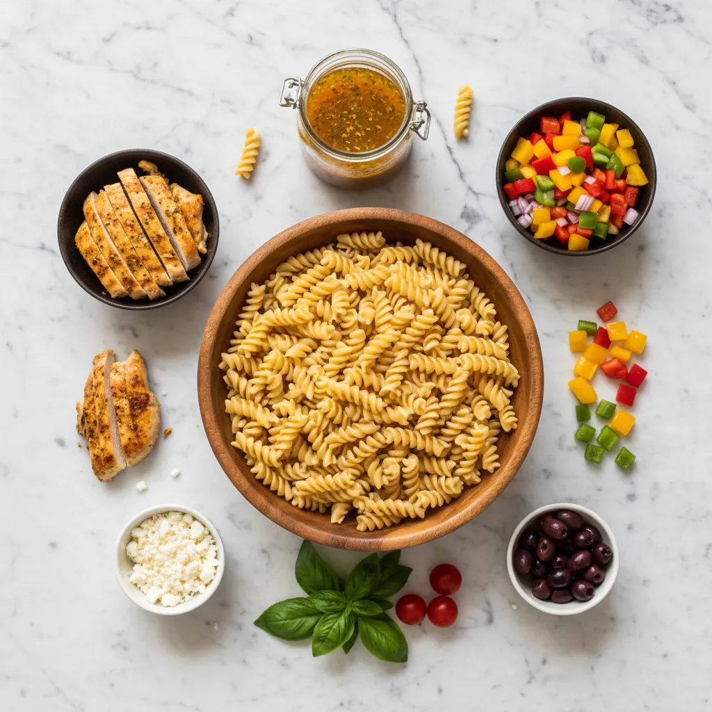 Knolling arrangement of healthy pasta salad ingredients including chickpea pasta and fresh vegetables