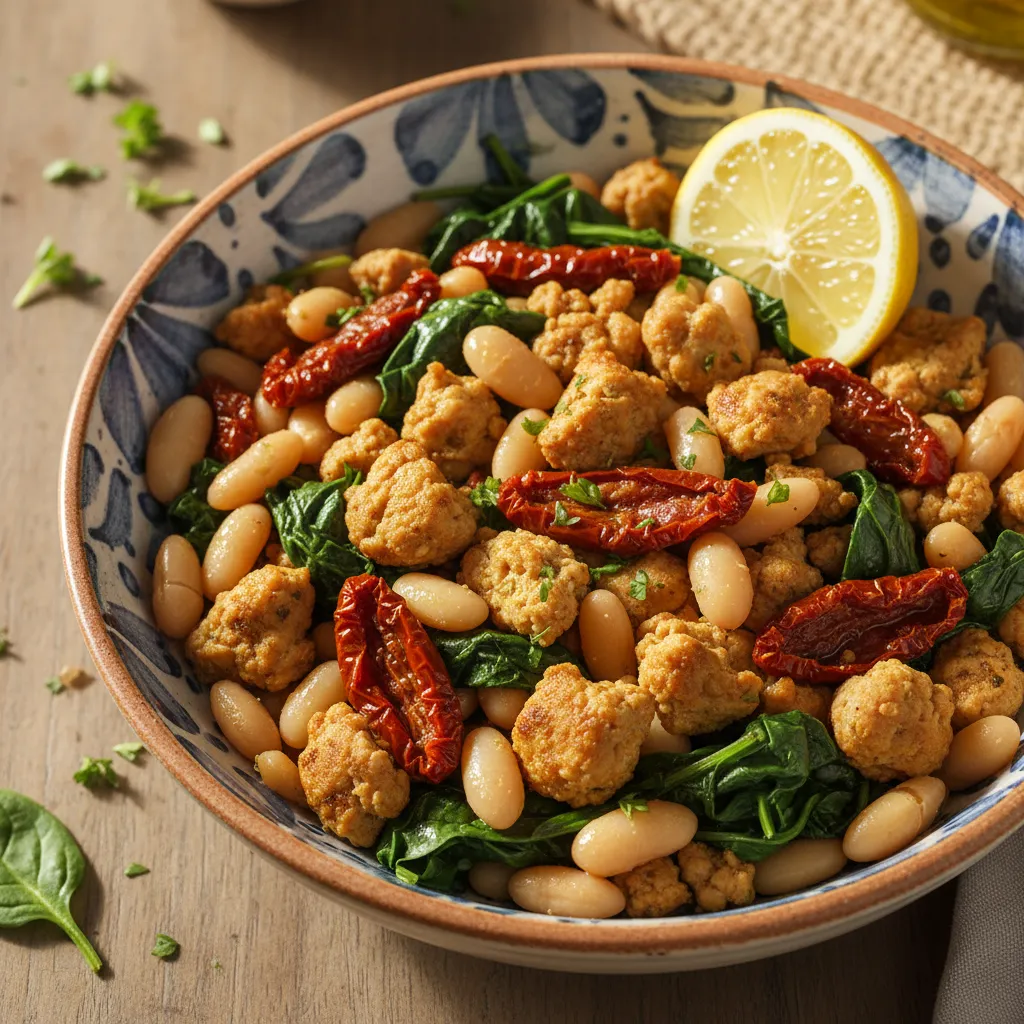 Mediterranean ground turkey and white bean bowl with spinach and lemon
