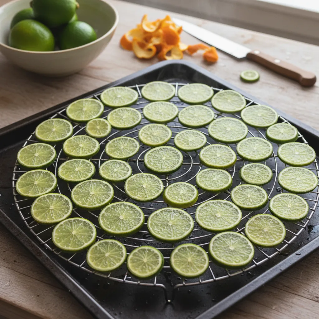 Thinly sliced limes on a baking rack for dehydration