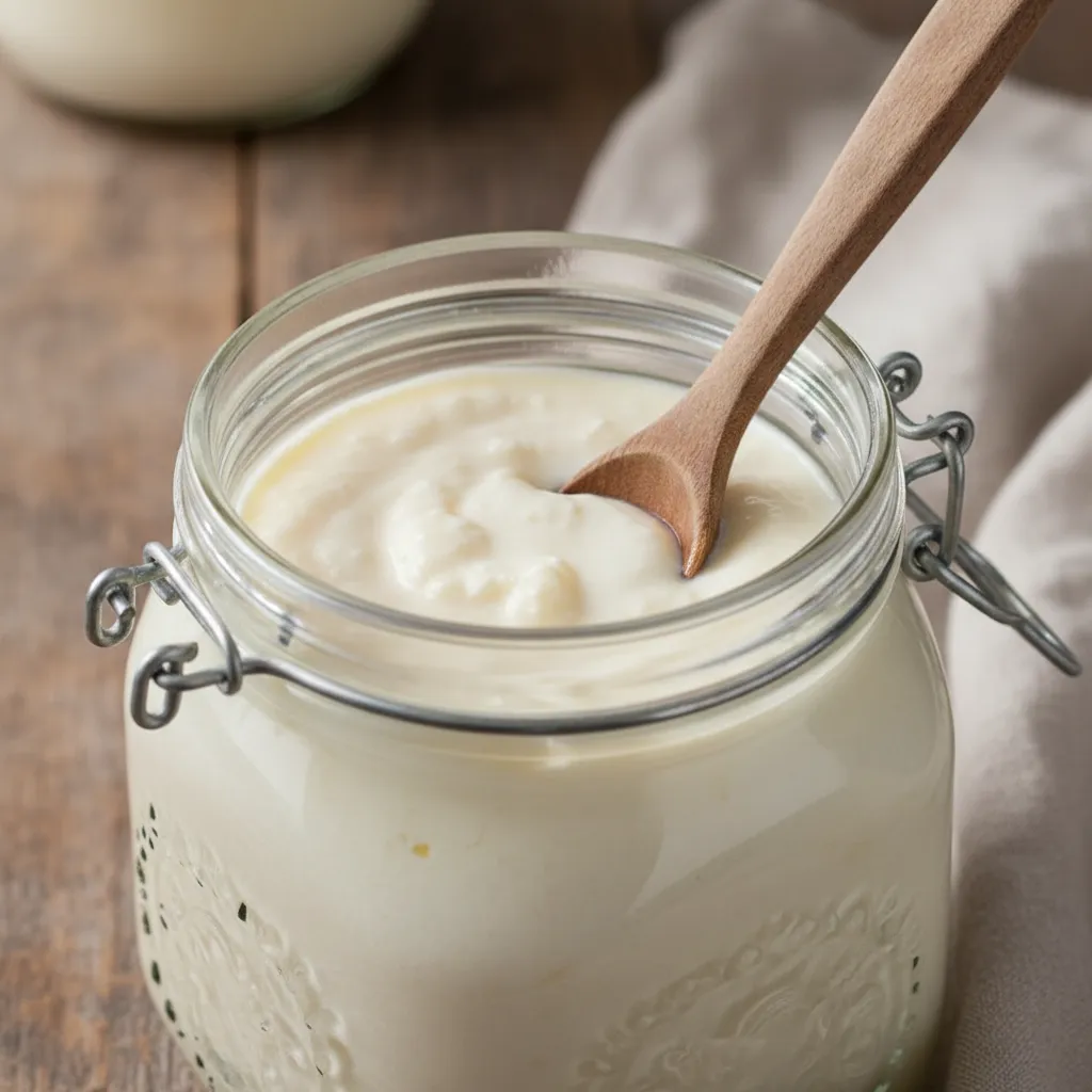 Thick homemade buttermilk in a glass jar with a lemon slice