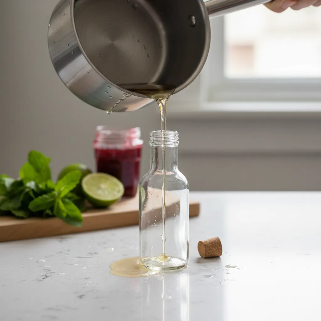 Pouring clear simple syrup into a glass jar
