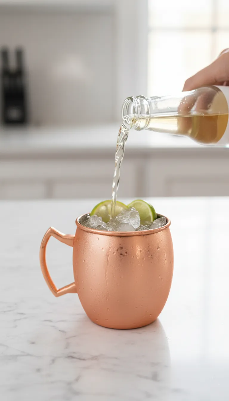 Step by step process of pouring ginger beer into a mocktail mug
