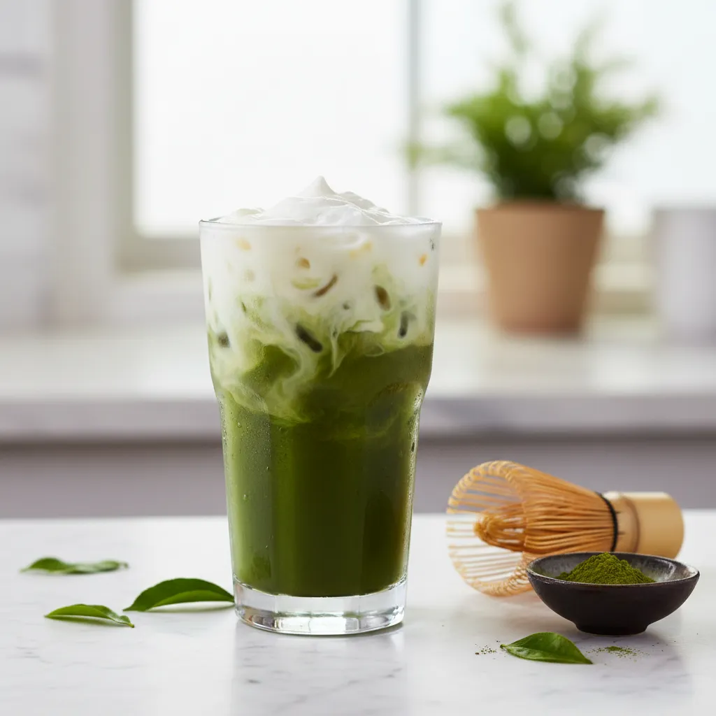 A refreshing iced vanilla matcha latte made with coconut milk