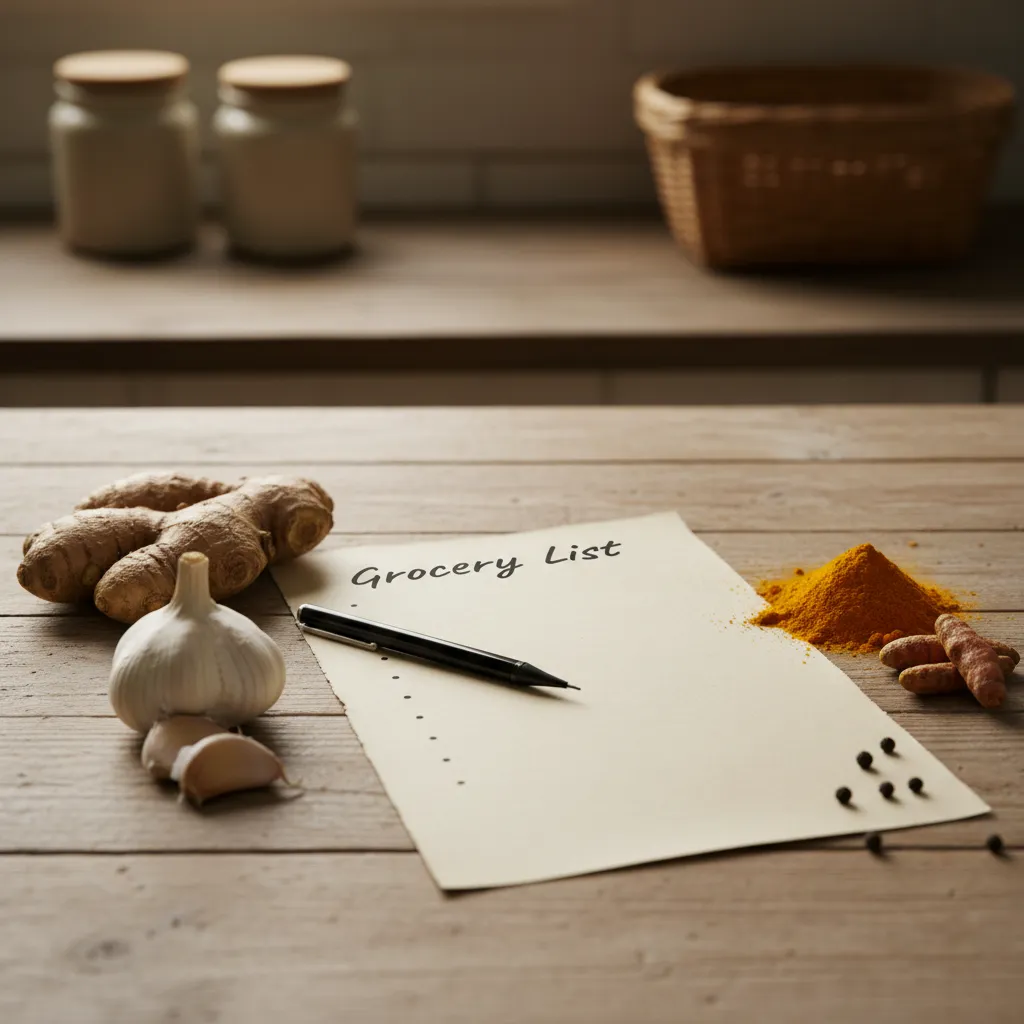 Handwritten grocery list next to fresh curry spices
