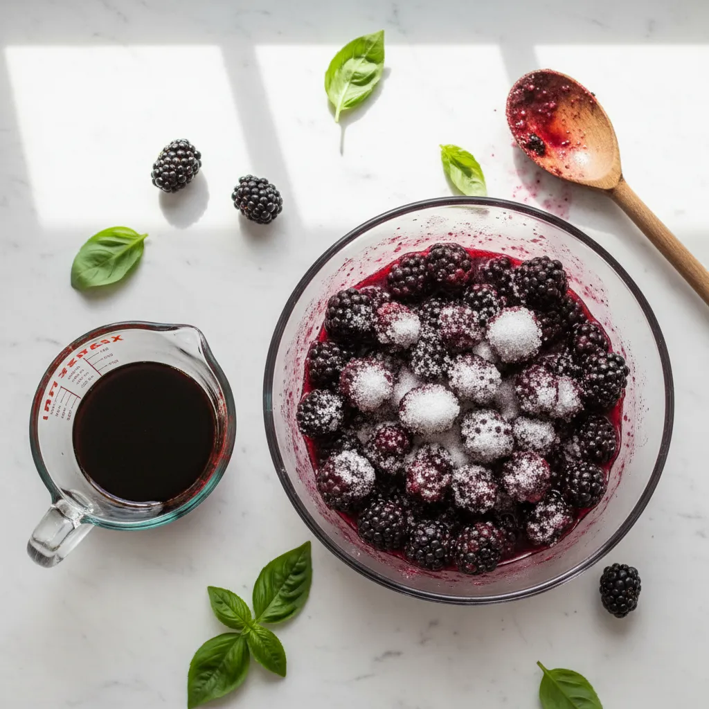 Overhead view of macerated blackberries sugar and balsamic vinegar