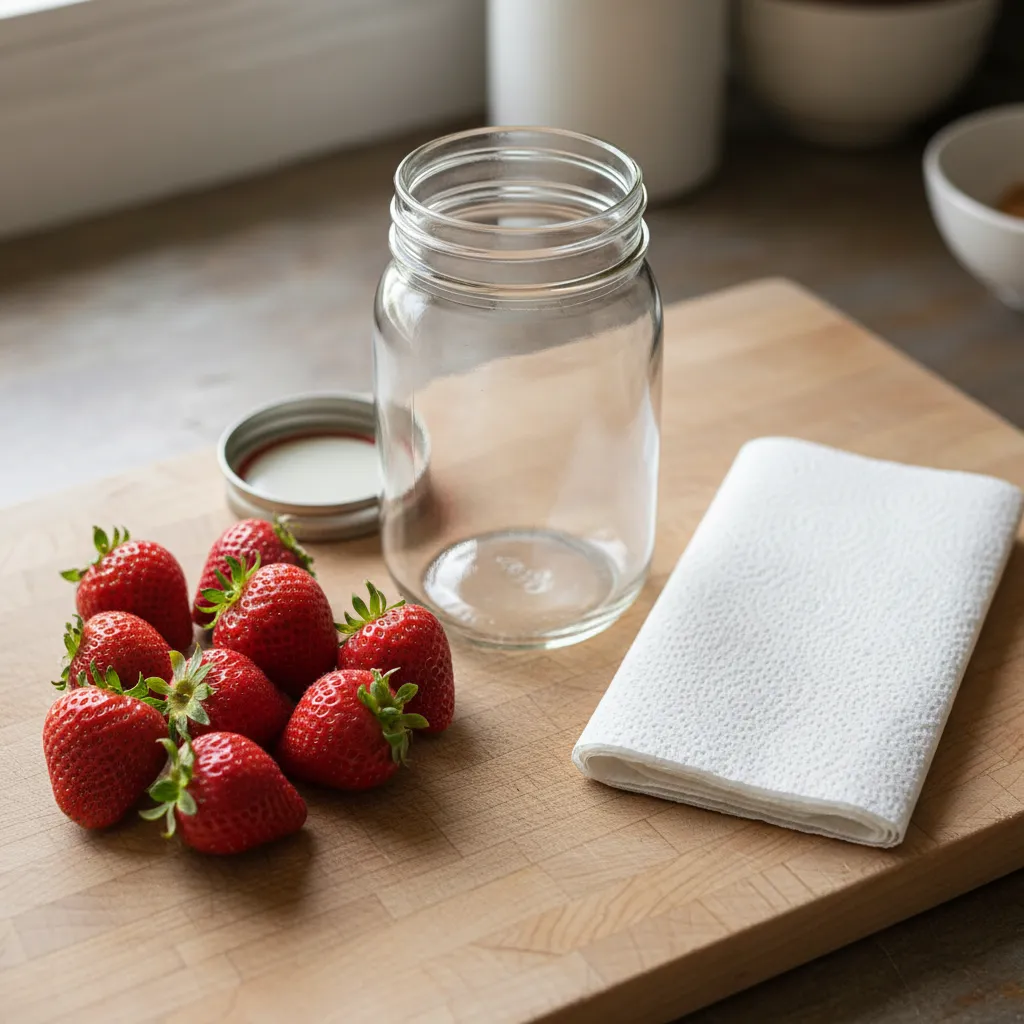 Fresh strawberries, a glass jar, and a paper towel on a wooden board