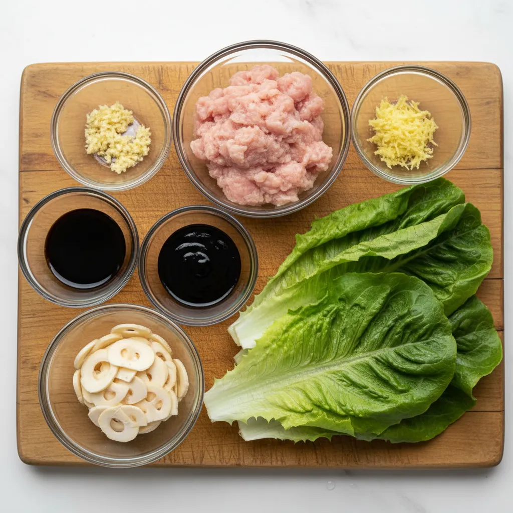 Mise en place of ground chicken, garlic, ginger, sauces, and butter lettuce for wraps.