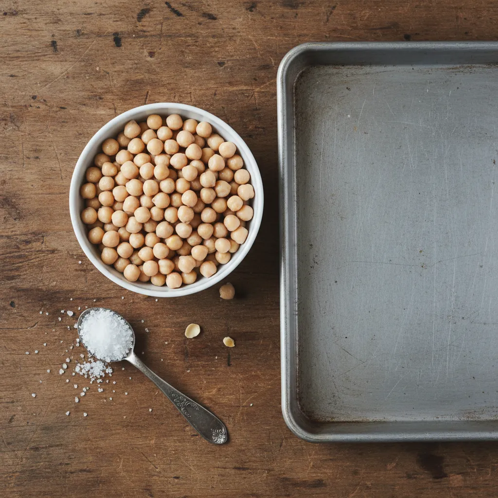 Mise en place for roasting chickpeas including salt and a baking pan